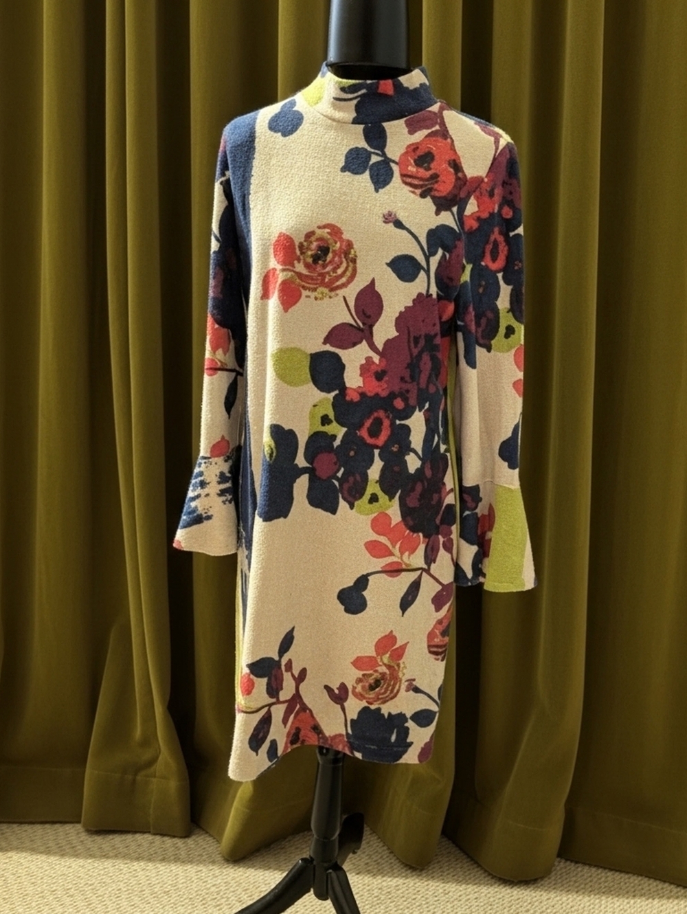 Floral Mock-Neck Shift Dress - Cream with Multicolor Blooms